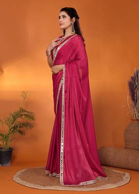 Pink embellished silk blend party wear saree with blouse piece 2