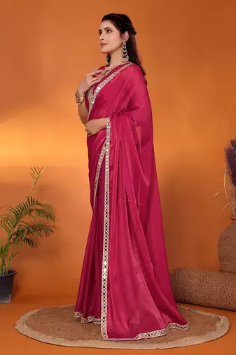 Pink embellished silk blend party wear saree with blouse piece