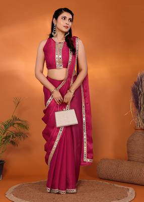 Pink embellished silk blend party wear saree with blouse piece 3