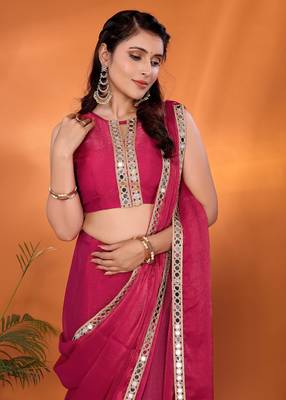 Pink embellished silk blend party wear saree with blouse piece 4