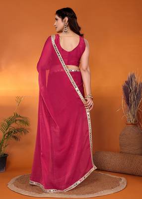 Pink embellished silk blend party wear saree with blouse piece 5