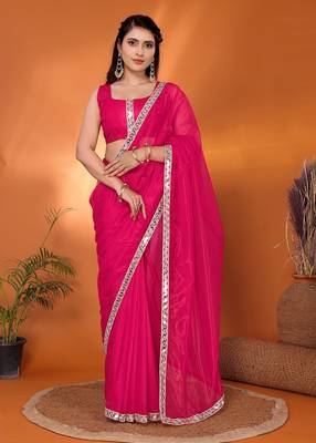 Pink embellished organza party wear saree with blouse piece 1