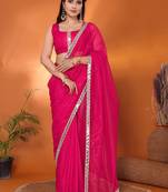 Pink embellished organza party wear saree with blouse piece