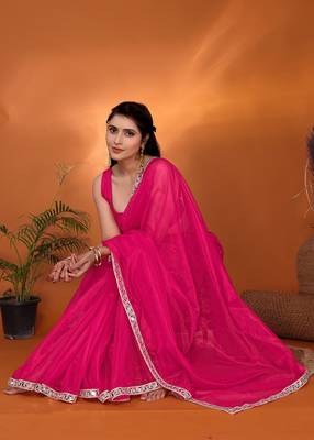 Pink embellished organza party wear saree with blouse piece 2