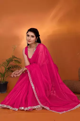 Pink embellished organza party wear saree with blouse piece