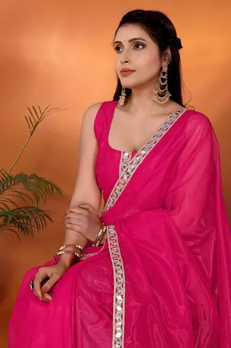 Pink embellished organza party wear saree with blouse piece