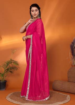 Pink embellished organza party wear saree with blouse piece 4