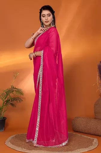 Pink embellished organza party wear saree with blouse piece