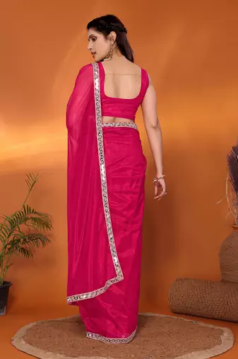 Pink embellished organza party wear saree with blouse piece