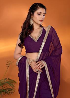 Purple  embroidered pure georgette party wear saree with blouse piece 1