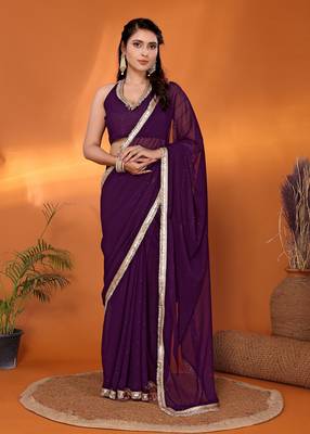 Purple  embroidered pure georgette party wear saree with blouse piece 2