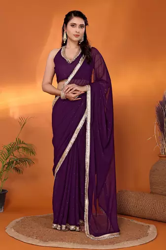 Purple  embroidered pure georgette party wear saree with blouse piece