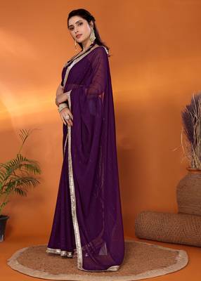 Purple  embroidered pure georgette party wear saree with blouse piece 3