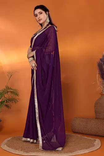 Purple  embroidered pure georgette party wear saree with blouse piece