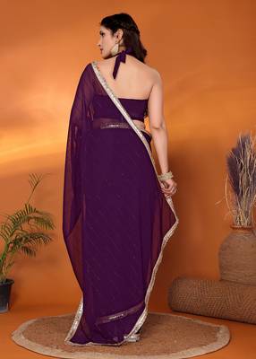Purple  embroidered pure georgette party wear saree with blouse piece 4