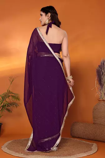 Purple  embroidered pure georgette party wear saree with blouse piece