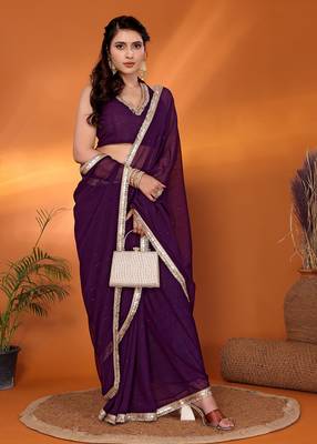 Purple  embroidered pure georgette party wear saree with blouse piece 5