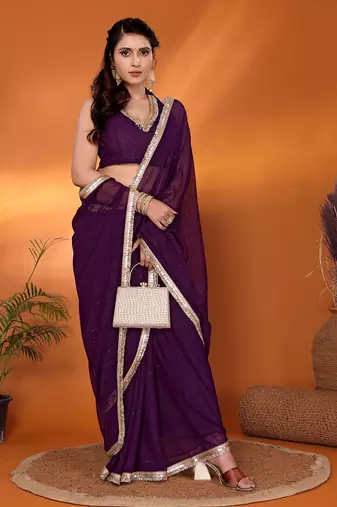 Purple  embroidered pure georgette party wear saree with blouse piece