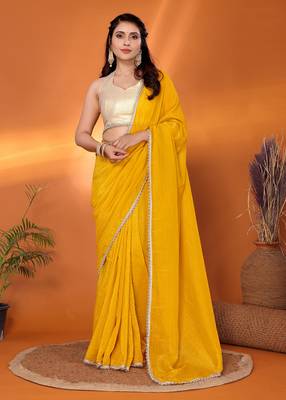 Yellow embellished tissue party wear saree with blouse piece 2