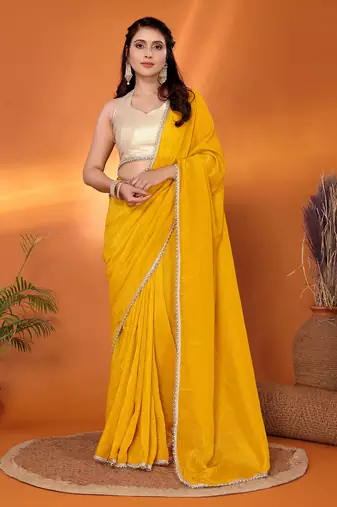 Yellow embellished tissue party wear saree with blouse piece