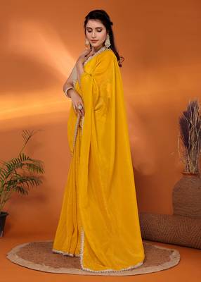 Yellow embellished tissue party wear saree with blouse piece 3