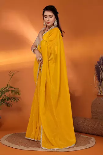 Yellow embellished tissue party wear saree with blouse piece