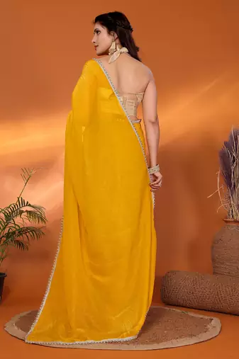 Yellow embellished tissue party wear saree with blouse piece