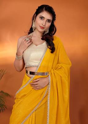 Yellow embellished tissue party wear saree with blouse piece 5