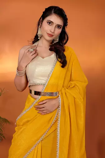 Yellow embellished tissue party wear saree with blouse piece