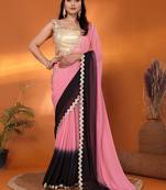 Black embellished pure georgette party wear saree with blouse piece