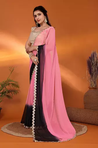 Black embellished pure georgette party wear saree with blouse piece