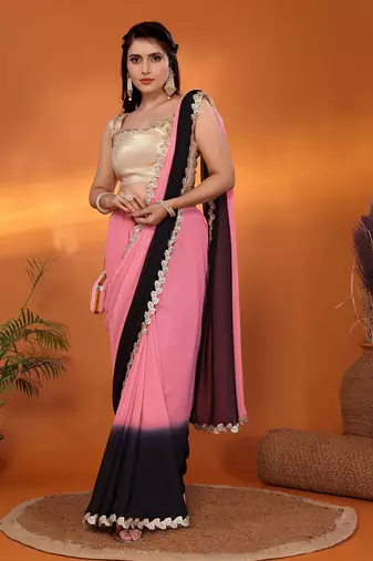 Black embellished pure georgette party wear saree with blouse piece