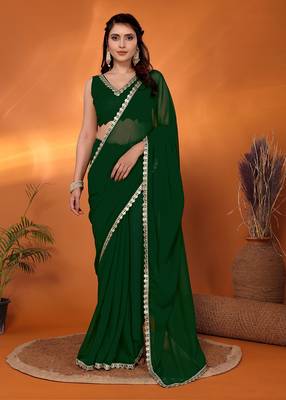 Bottle green embellished pure georgette party wear saree with blouse piece 1