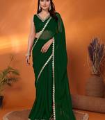 Bottle green embellished pure georgette party wear saree with blouse piece
