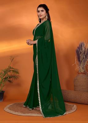 Bottle green embellished pure georgette party wear saree with blouse piece 2