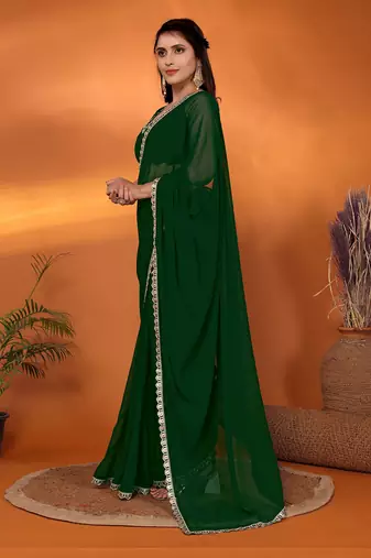 Bottle green embellished pure georgette party wear saree with blouse piece