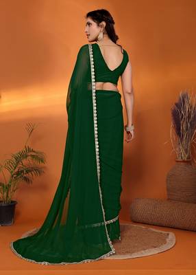 Bottle green embellished pure georgette party wear saree with blouse piece 4