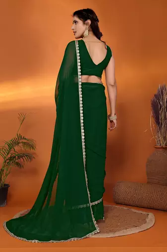 Bottle green embellished pure georgette party wear saree with blouse piece