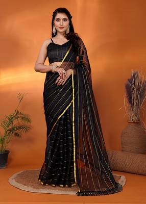 Black woven design poly chiffon party wear saree with blouse piece 2