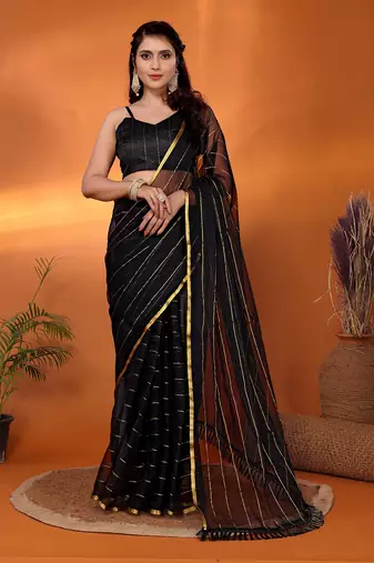 Black woven design poly chiffon party wear saree with blouse piece