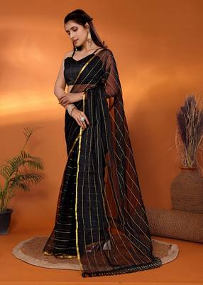 Black woven design poly chiffon party wear saree with blouse piece 3