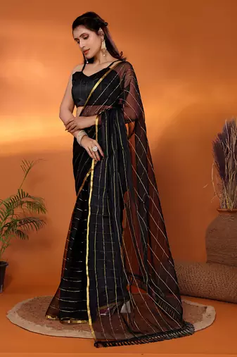 Black woven design poly chiffon party wear saree with blouse piece