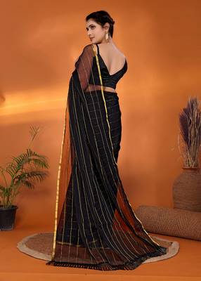 Black woven design poly chiffon party wear saree with blouse piece 4