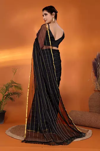 Black woven design poly chiffon party wear saree with blouse piece