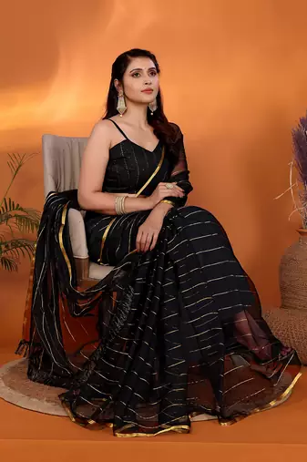 Black woven design poly chiffon party wear saree with blouse piece