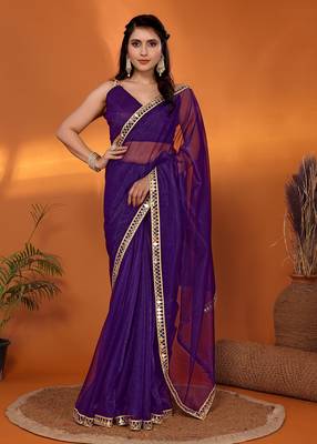 Purple  embellished organza party wear saree with blouse piece 1