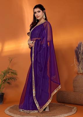 Purple  embellished organza party wear saree with blouse piece 2