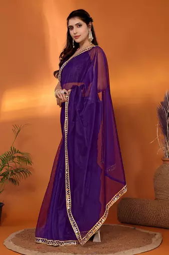 Purple  embellished organza party wear saree with blouse piece