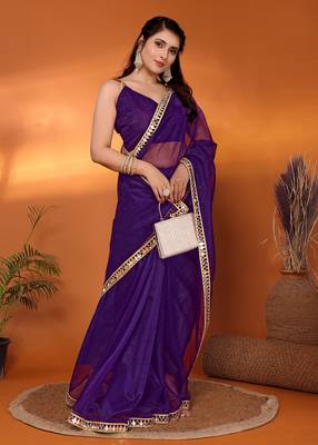 Purple  embellished organza party wear saree with blouse piece 3