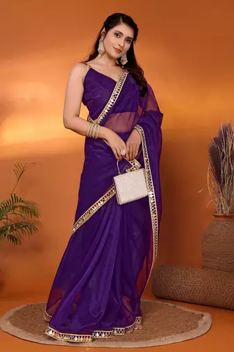Purple  embellished organza party wear saree with blouse piece